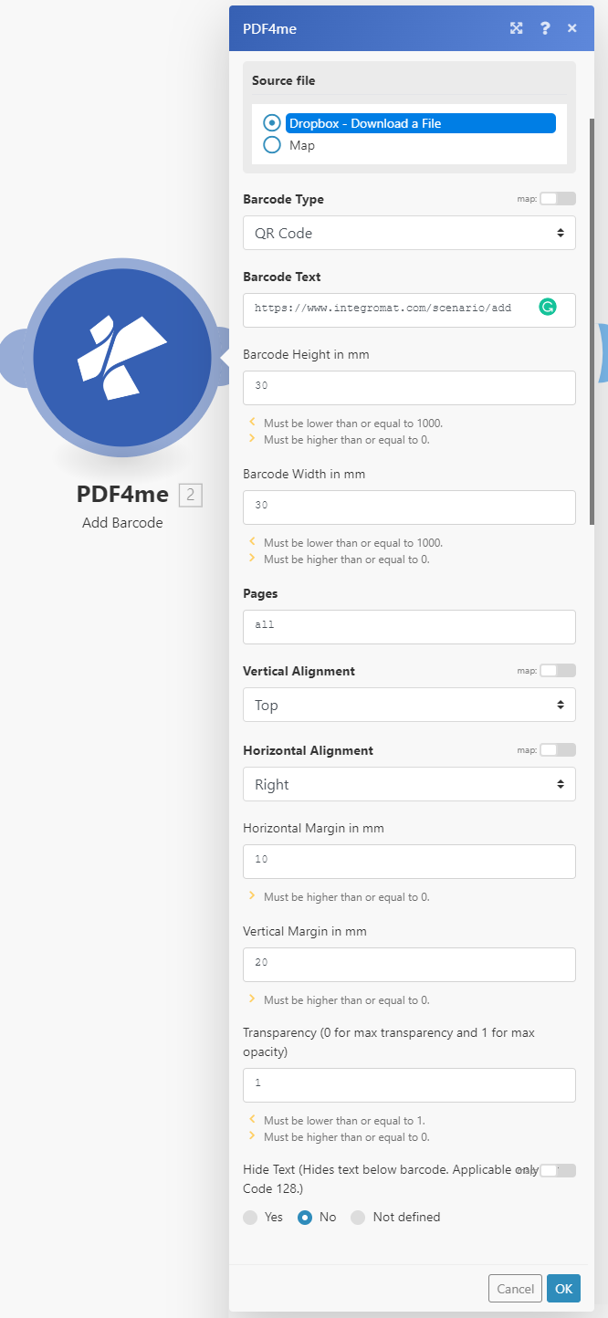 PDF4me add barcode or QR code module