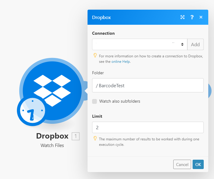Dropbox watch files action module