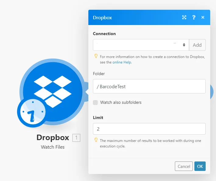 Modul aksi pemantauan file Dropbox