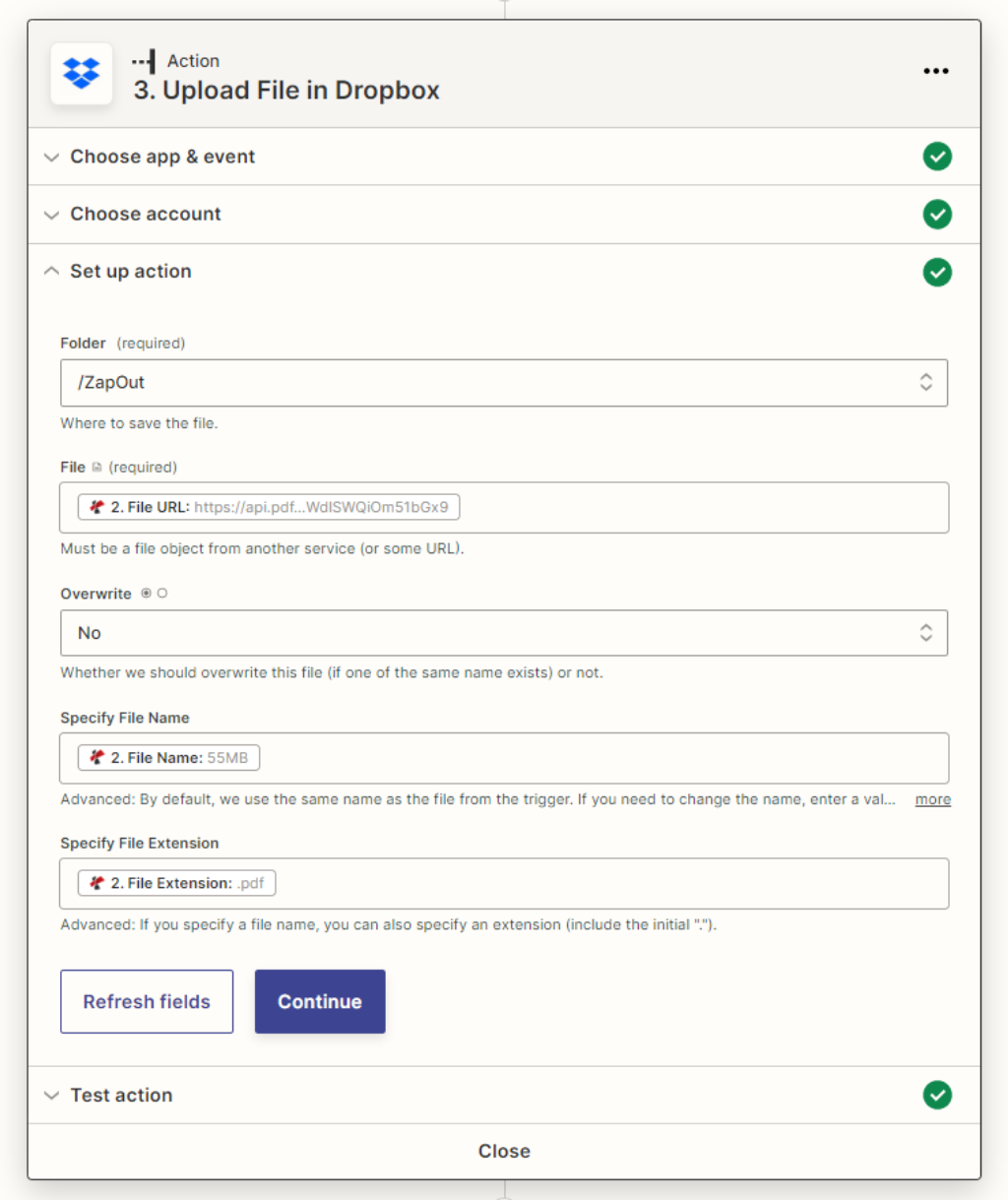 Dosyaları Dropbox eylemine yükleyin