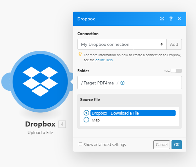 Unggah file yang diproses ke folder Dropbox tertentu