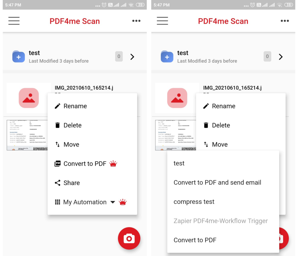 Acione seus fluxos de trabalho PDF4me Scan & Automate app