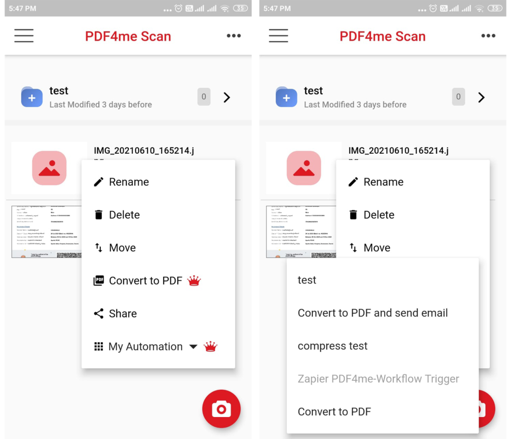 Lösen Sie Ihre Arbeitsabläufe aus PDF4me Scan & Automate app