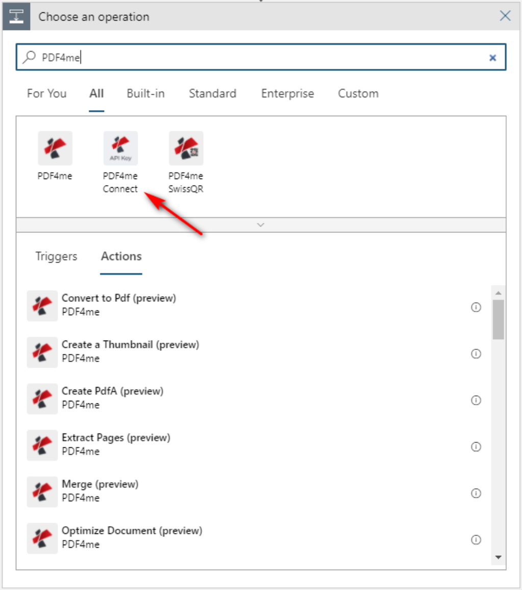 Logic Apps'te PDF4me Connect uygulamasını seçin