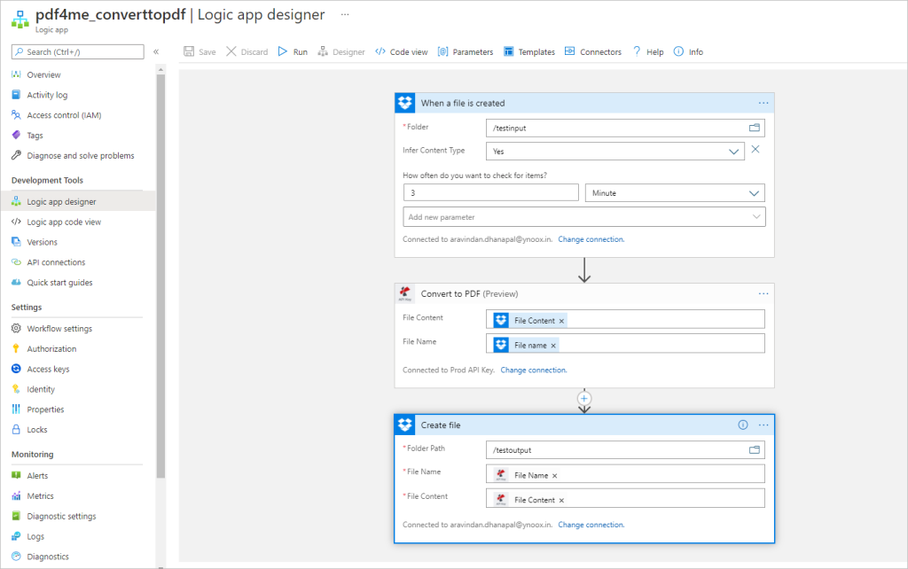 Exemplo de vista do designer do aplicativo Logic App com conector PDF4me