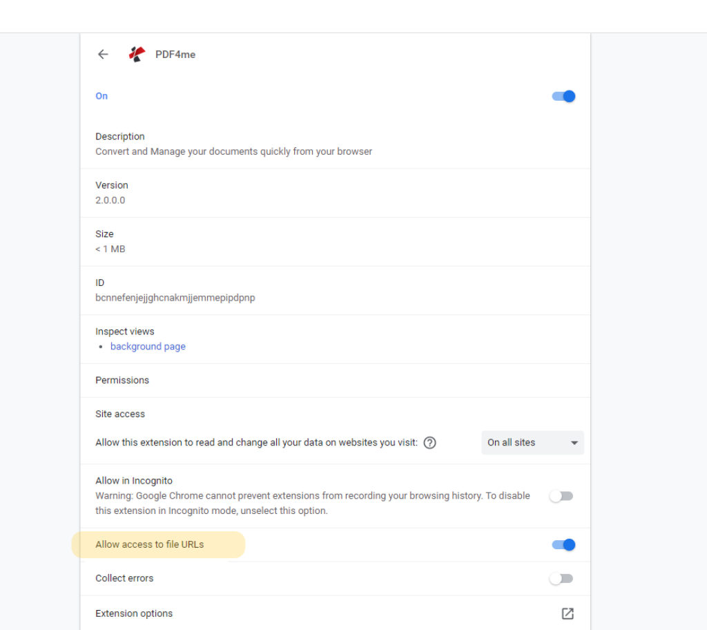Activez l'option Autoriser l'accès aux URL des fichiers dans les paramètres de l'extension.