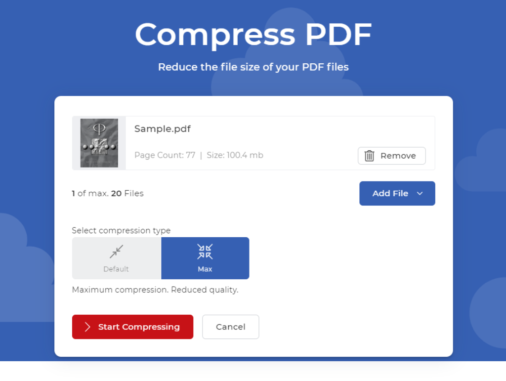 Archivos cargados y perfil de compresión seleccionado