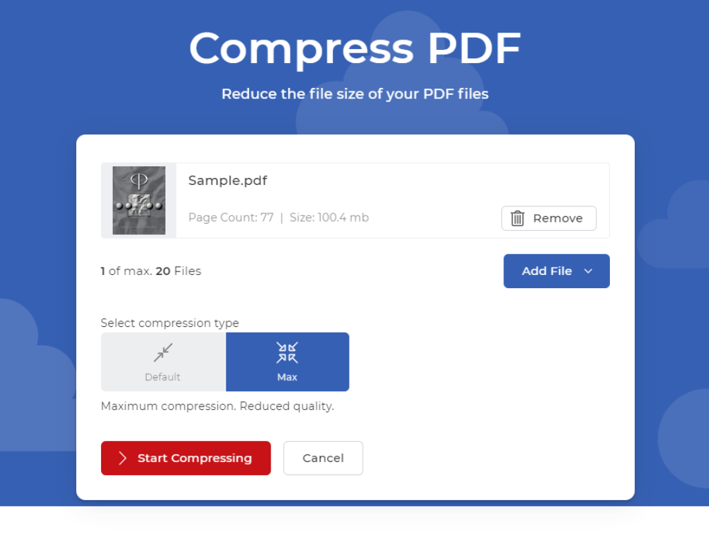 Ficheiros carregados e perfil de compressão seleccionado