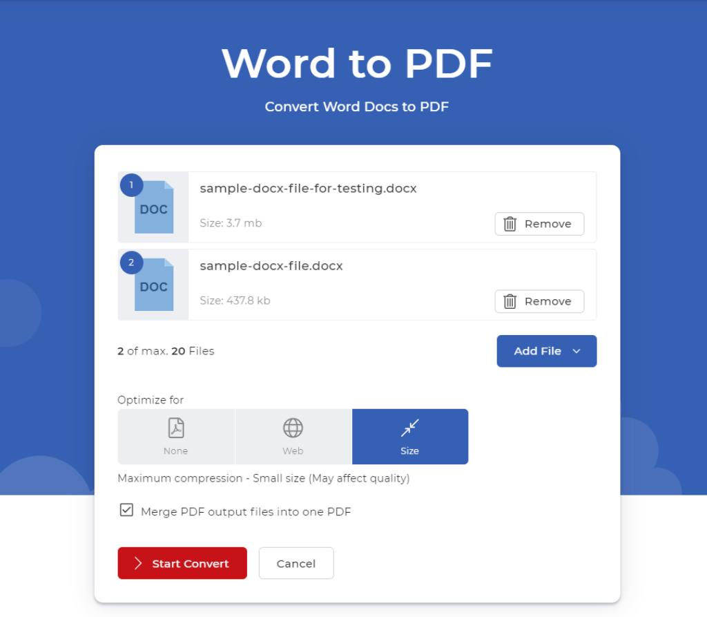Files uploaded to Word to PDF converter