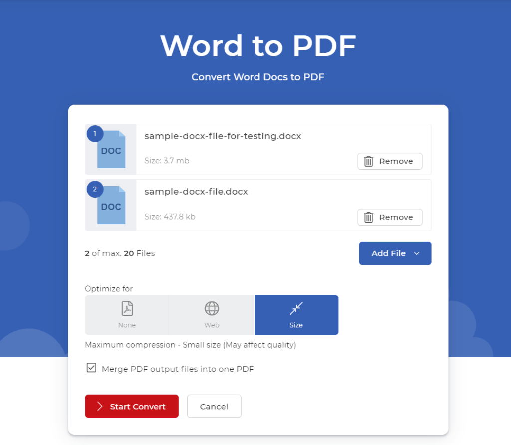 File caricati nel convertitore da Word a PDF