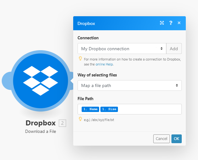Module Dropbox pour télécharger des fichiers