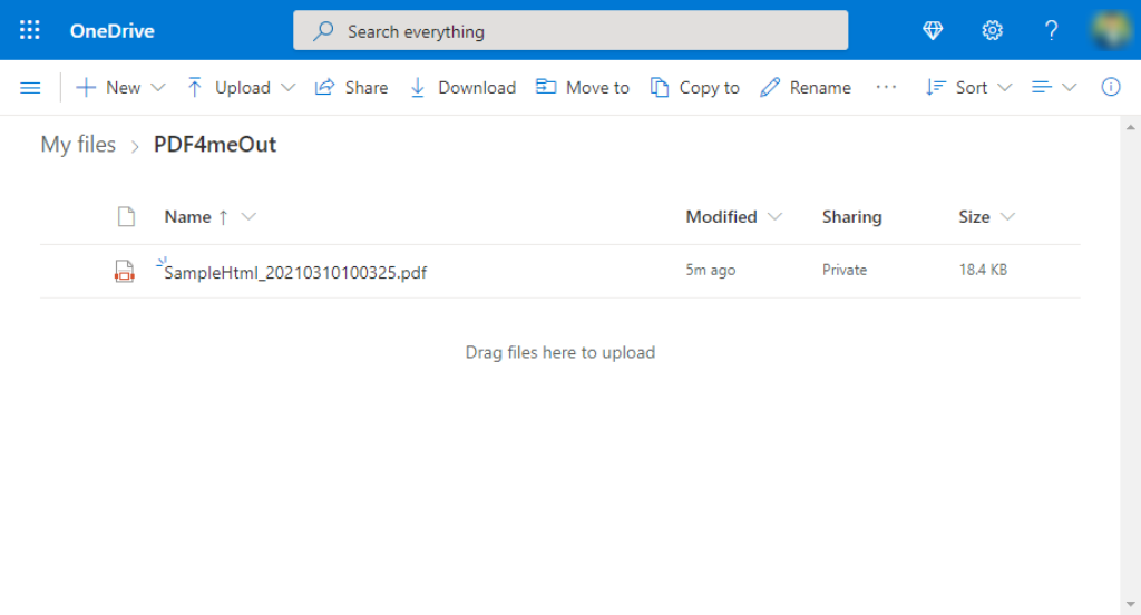 OneDrive'da PDF4me HTML'den PDF eylemine kaydedilen çıktı PDF dosyası