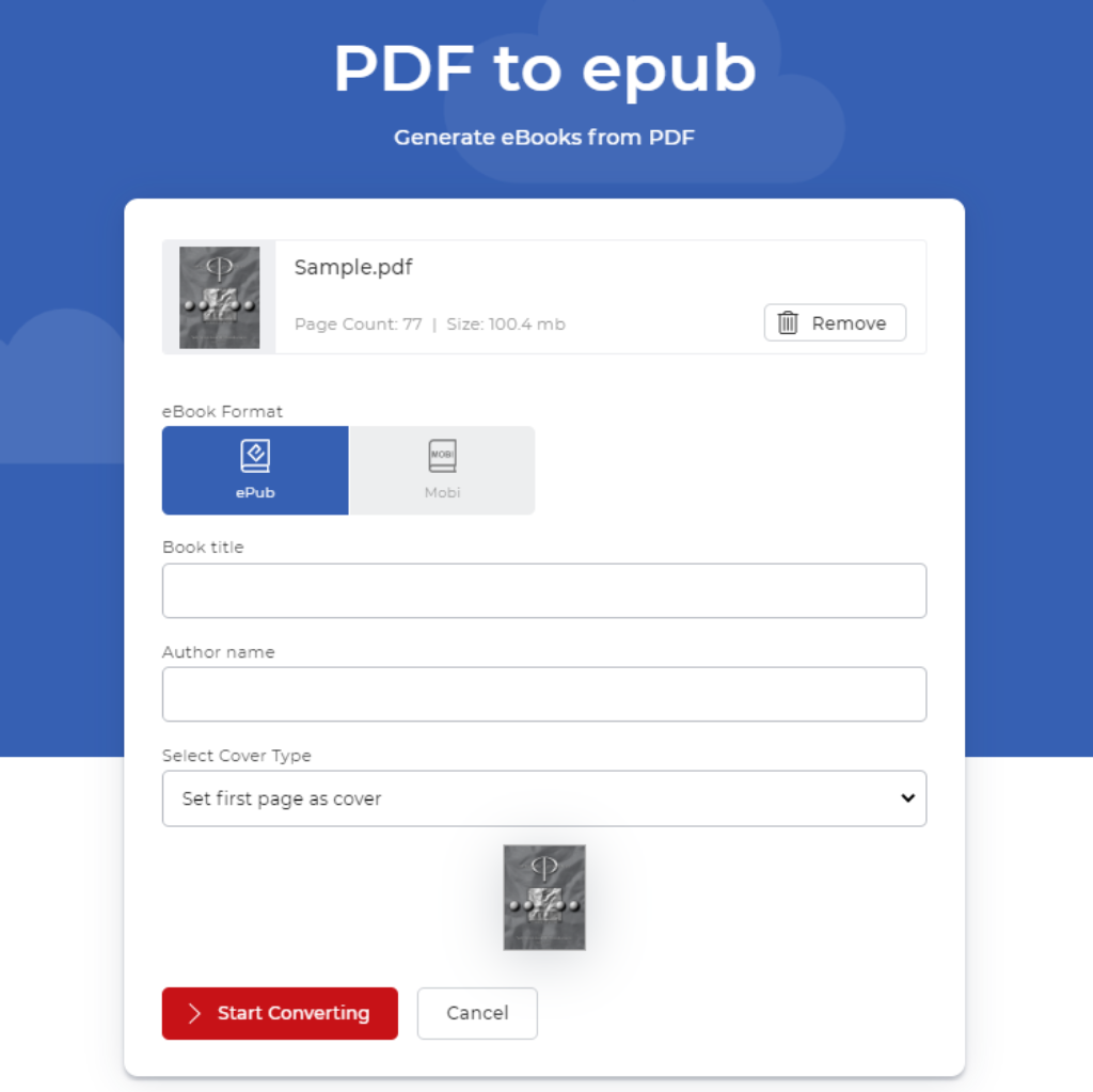 PDF to ePUB with files uploaded