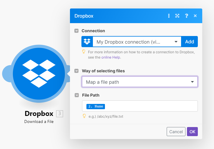 Acção de descarga de ficheiros Dropbox