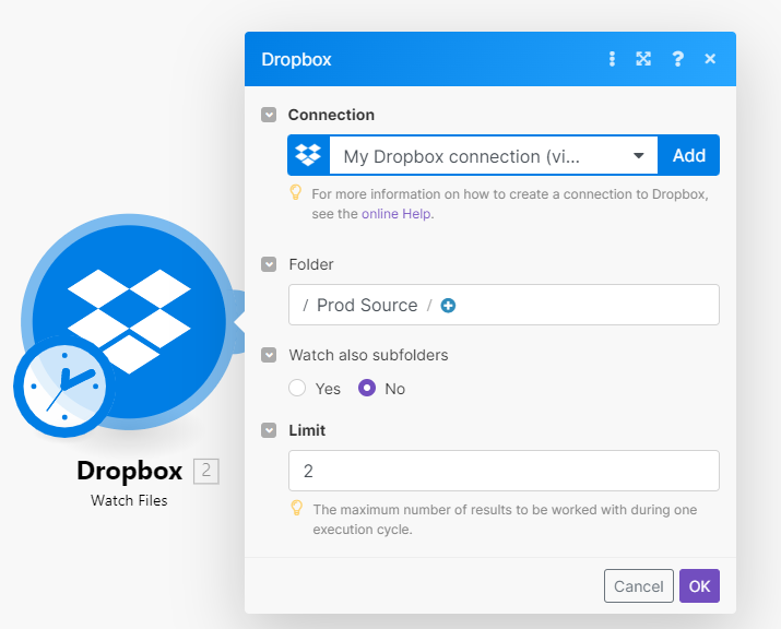 Déclencheur Dropbox pour le scénario PDF vers Excel