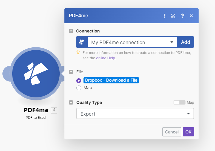PDF4me'den PDF'yi Excel eylemine dönüştürün