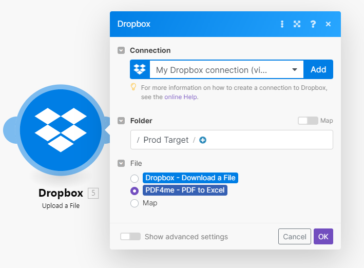 Simpan ke modul Dropbox untuk menyimpan file yang dikonversi