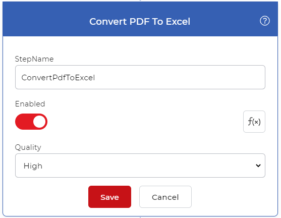 Convert PDF to Excel action for the Workflow