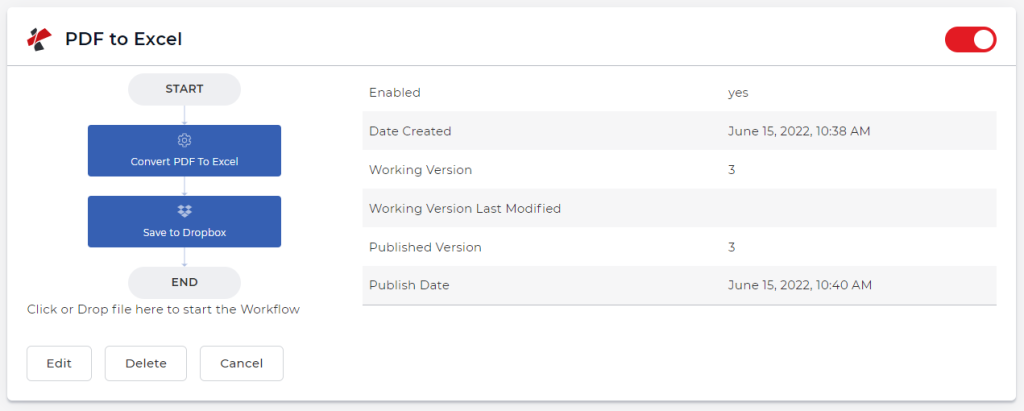 PDF to Excel Workflow interface