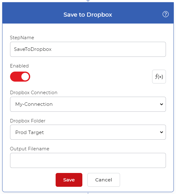 Action 'Enregistrer dans Dropbox' pour sauvegarder les fichiers de sortie