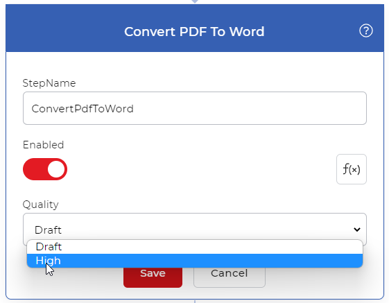 Convert PDF to Word action