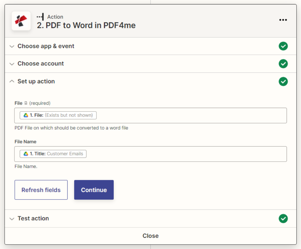 Action PDF4me PDF vers Word pour Zapier