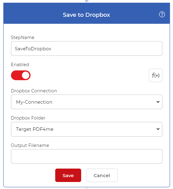 Action Enregistrer dans Dropbox pour sauvegarder les fichiers de sortie