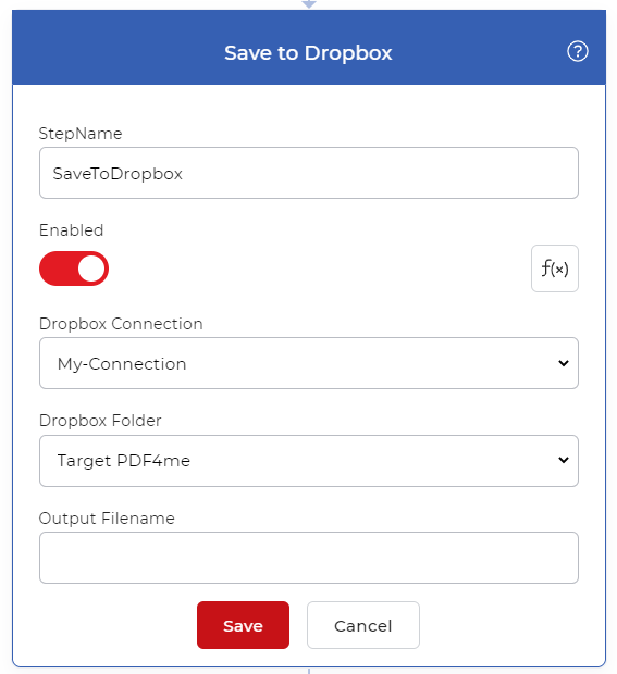 保存到Dropbox的动作用于保存输出文件