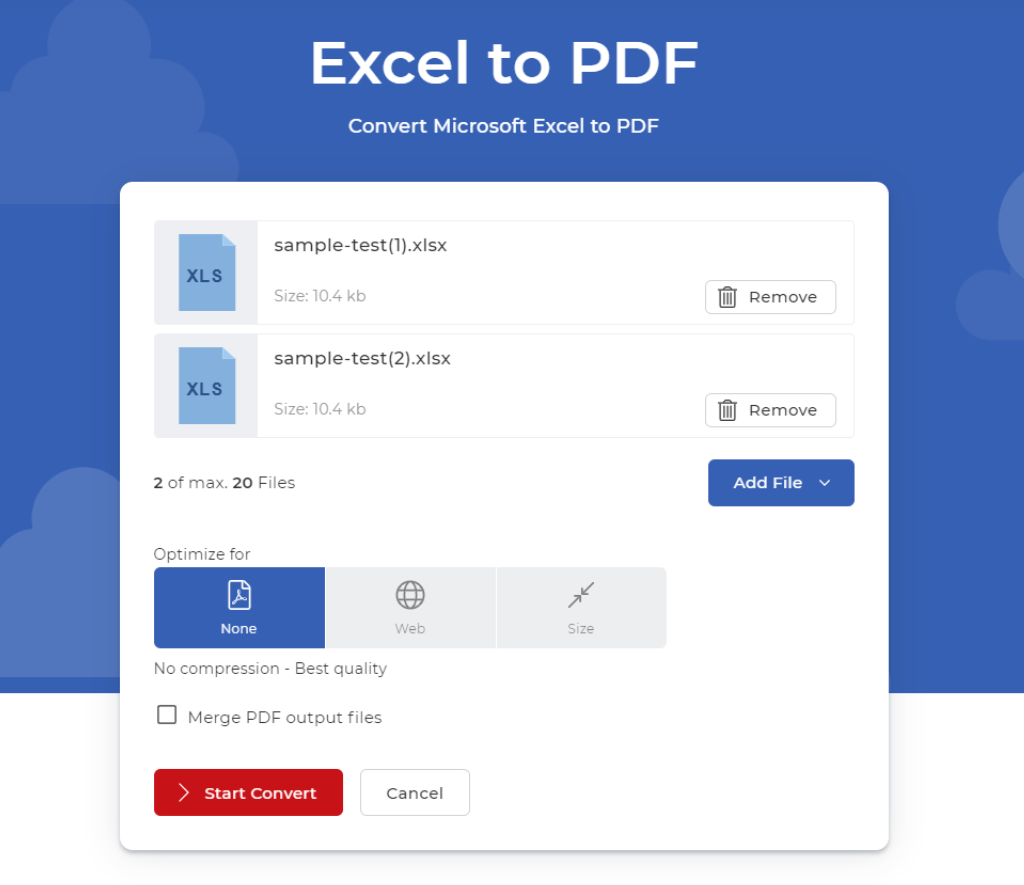 Antarmuka konverter XLSX ke PDF dengan file yang diunggah