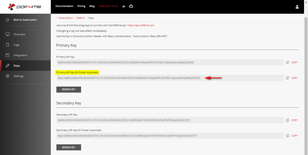 Key from PDF4me PDF4me API Portal