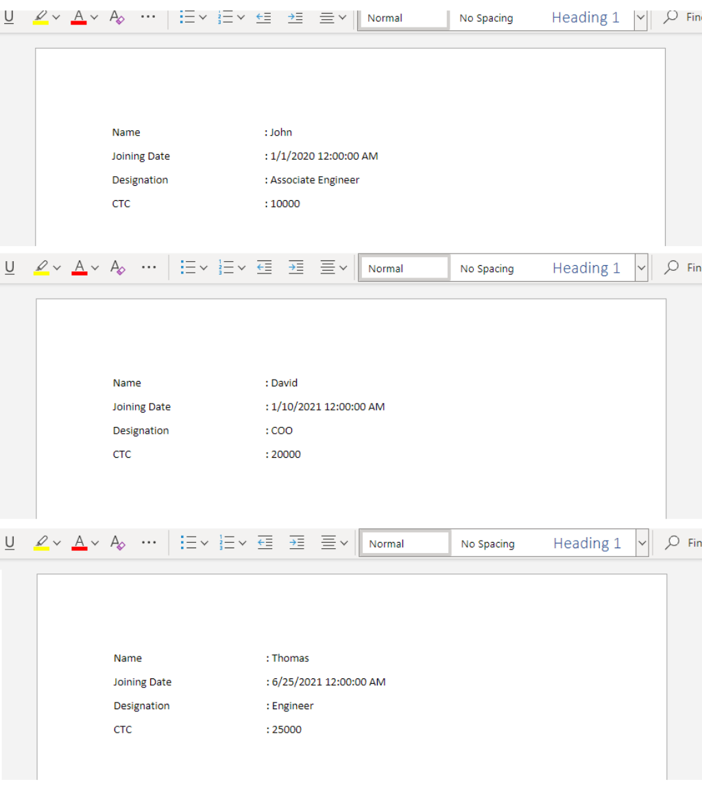 Output del documento generato dinamicamente