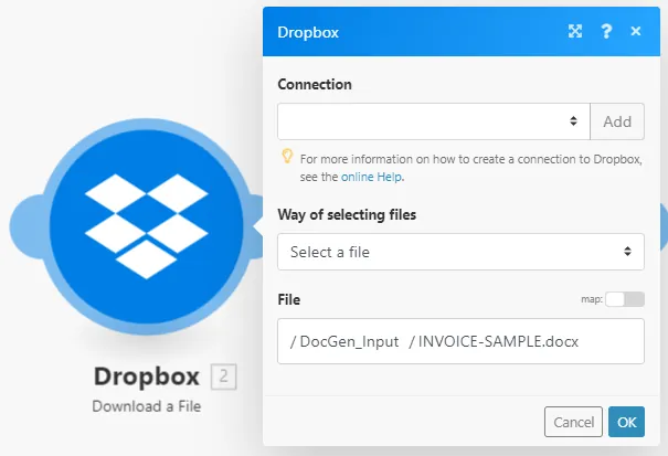 Action de téléchargement de fichier pour le module Dropbox
