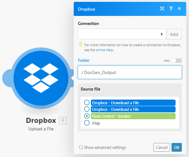 Aktion zum Hochladen von Dateien für das Dropbox-Modul