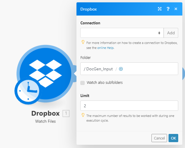 Action de surveillance des fichiers pour le module Dropbox