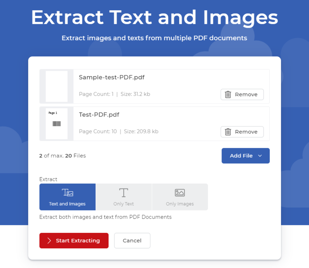 PDF files uploade for extracting images and text