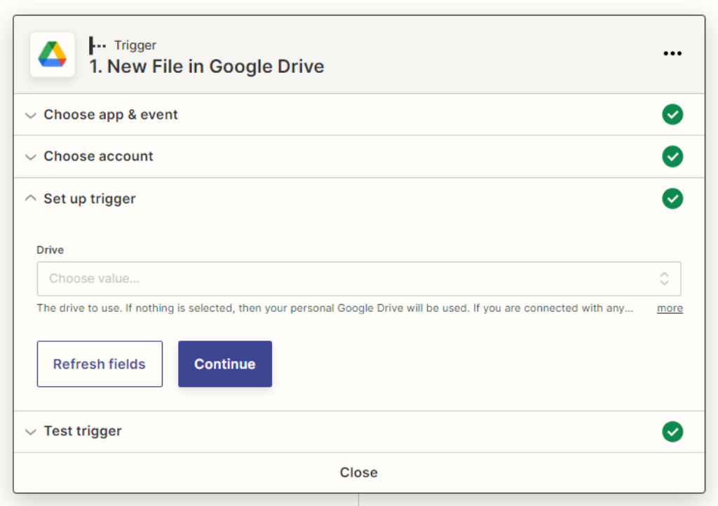 Google Drive Auslöser für Auszugsseiten zap