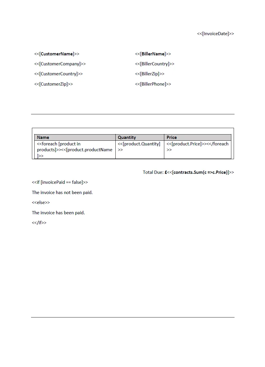 Contoh templat penggabungan surat untuk menghasilkan faktur PDF