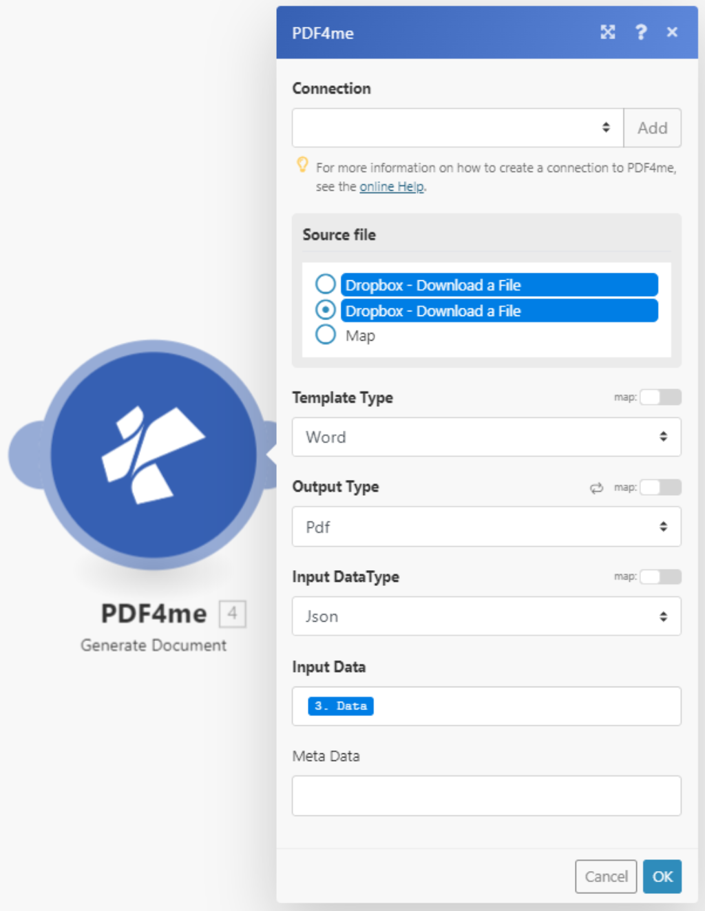 Azione PDF4me Generate Document per Make