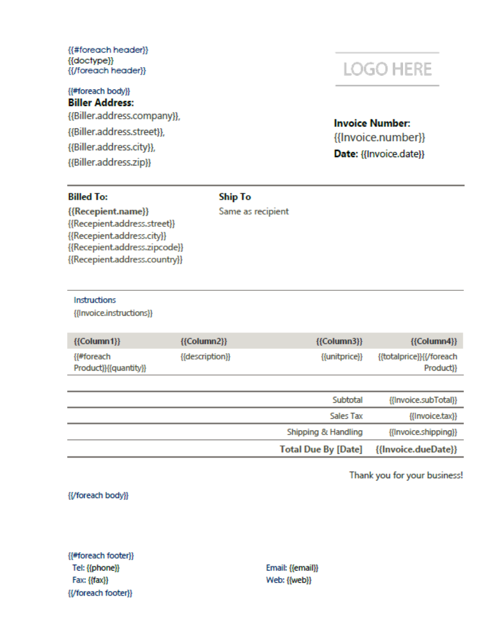 Invoice template sample for generating dynamic invoices