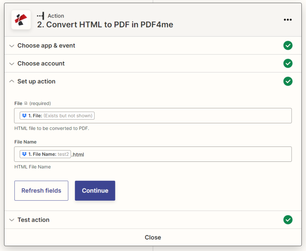 PDF4me acção de HTML para PDF