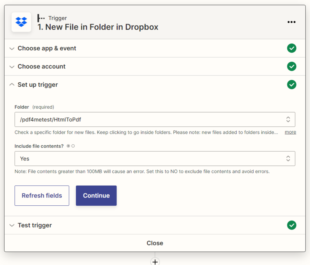 Innesco Dropbox per HTML to PDF Zap