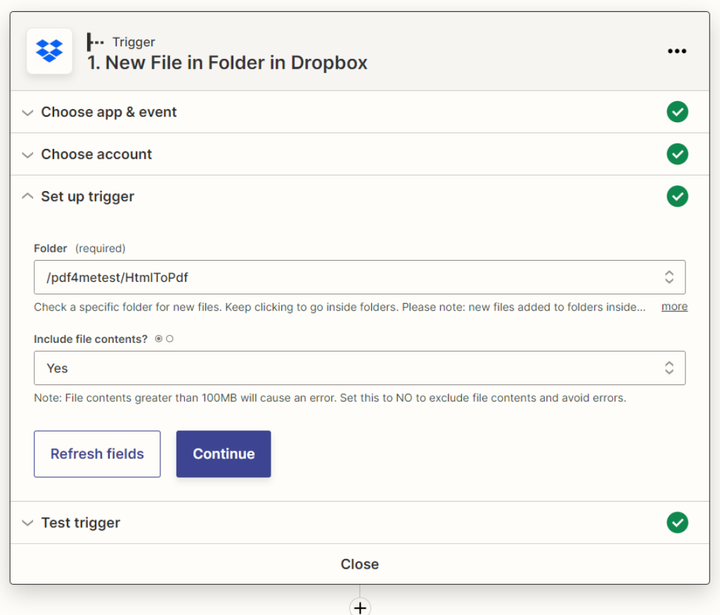 Gatilho Dropbox para HTML para PDF Zap