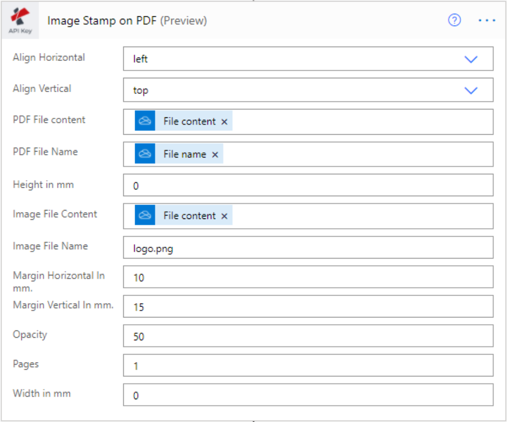 Petakan semua parameter di Flow for Image Watermark