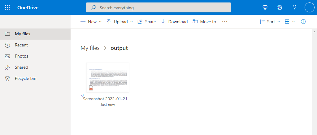 OneDrive klasöründeki çıktı dosyası