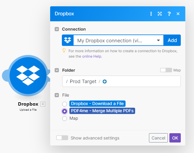 Birleştirilmiş dosyaları Dropbox'a kaydedin