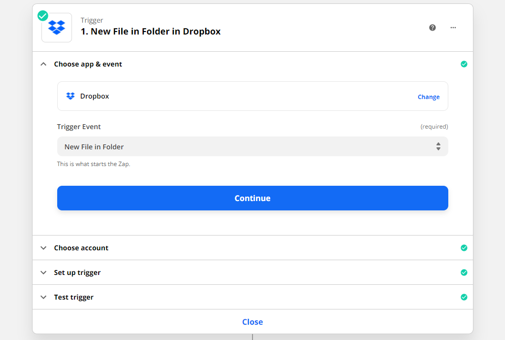 Dropbox trigger for starting the Zap