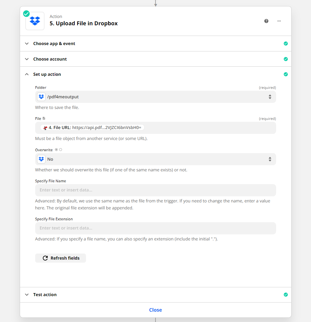 Tindakan mengunggah file Dropbox