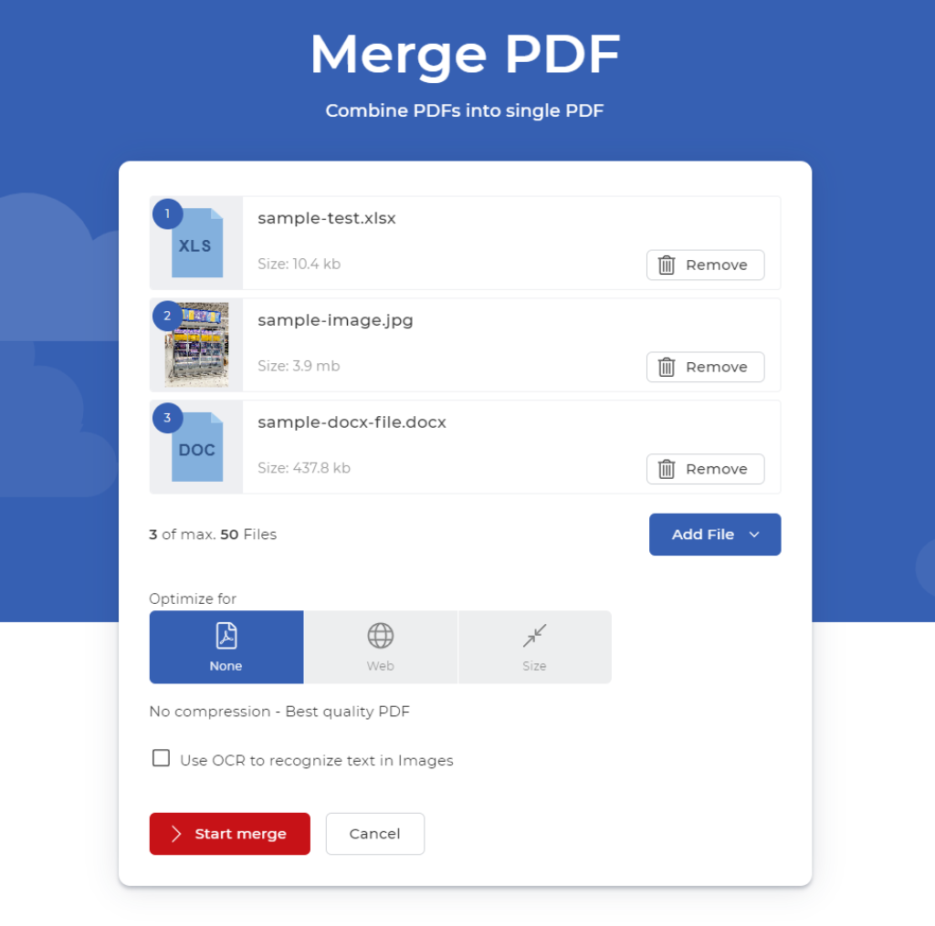 Drag and drop or upload various document formats or images to merge