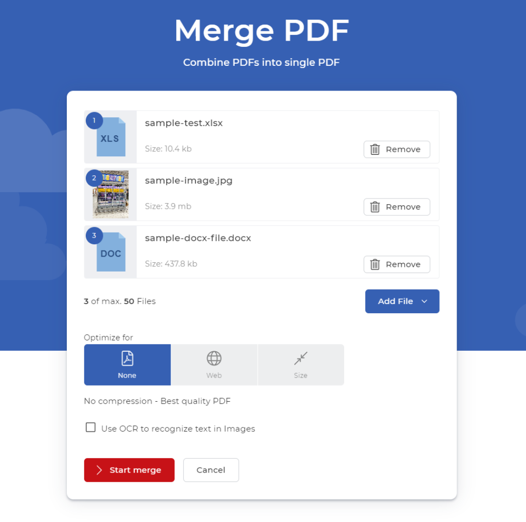 Glissez et déposez ou téléchargez divers formats de documents ou d'images pour les fusionner.