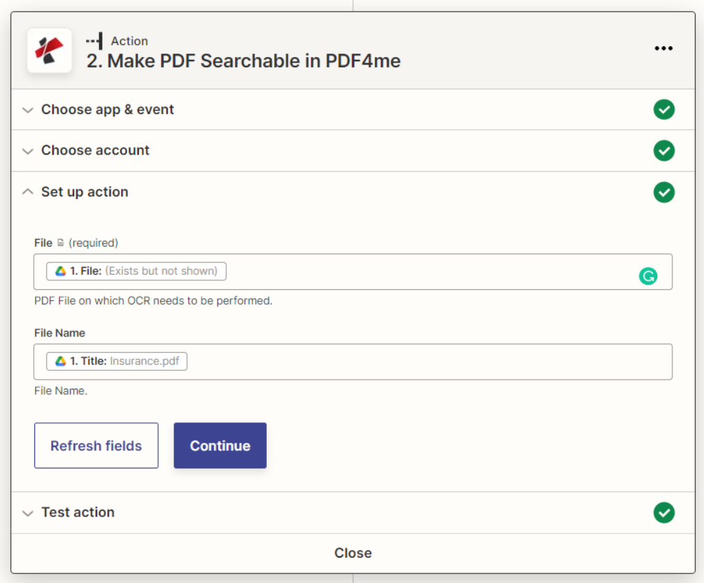 Action PDF OCR de PDF4me pour Zapier